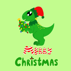 Cute dinosaur dressed in elf costume and with christmas tree in paws over inscription merry christmas. Vector illustration can be used as greeting card or thematic design element on various menu sites