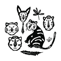Bundle of portraits of cartoon hand drawn tiger for the design in Scandinavian style. Black and white. Perfect for childish print, t-shirt, apparel, cards, poster, nursery decoration. Illustration