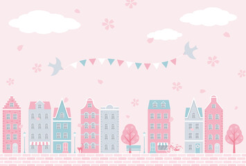 vector background with city landscape with houses and flowers for banners, cards, flyers, social media wallpapers, etc.