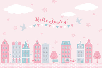 vector background with city landscape with houses and flowers for banners, cards, flyers, social media wallpapers, etc.