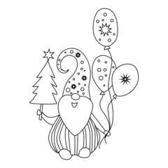 Dwarf with Christmas tree and balloons. A Christmas gnome with a beard is holding a large gift in his hands. Doodle style outline drawing on a white background. Vector illustration.