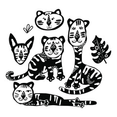 Bundle of portraits of cartoon hand drawn tiger for the design in Scandinavian style. Black and white. Perfect for childish print, t-shirt, apparel, cards, poster, nursery decoration. Illustration