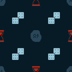 Set Old hourglass, Magic runes and Game dice on seamless pattern. Vector