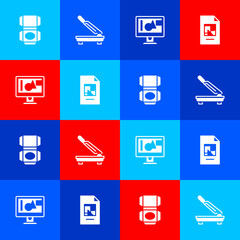 Set Carton cardboard box, Paper cutter, Computer monitor screen and File document icon. Vector