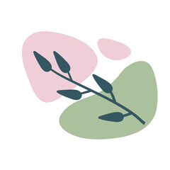 Plant on background of colored spots. Blue botanical branch and purple and green geometric abstract pattern in a minimalist style. Doodle object