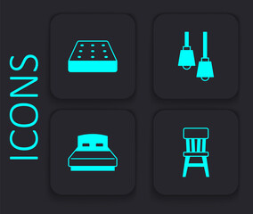 Set Chair, Mattress, Lamp hanging and Big bed icon. Black square button. Vector