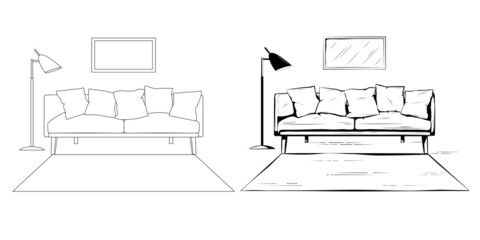 Interior hand drawing,  sofa with floor lamp, two options
