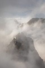 Mysterious mountains in Madeira, shrouded in fog. Pico do Arieiro and other peaks.

