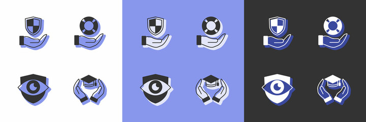 Set Education grant, Shield in hand, eye and Lifebuoy icon. Vector