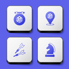Set Game dice, Dart arrow and Chess icon. White square button. Vector