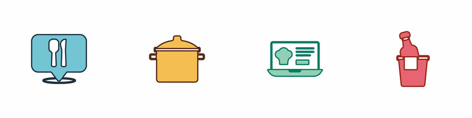 Set Cafe and restaurant location, Cooking pot, Online ordering delivery and Champagne ice bucket icon. Vector