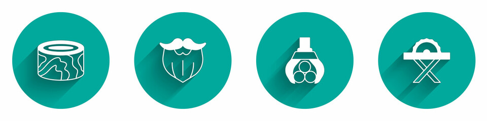 Set Wooden logs, Mustache and beard, Grapple crane grabbed and Electric circular saw icon with long shadow. Vector