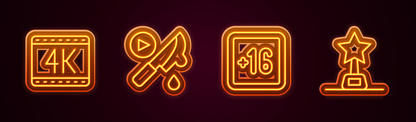 Set line 4k movie, Thriller, Plus 16 and Movie trophy. Glowing neon icon. Vector