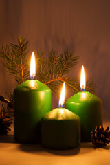 Festive burning green candles with fir branches