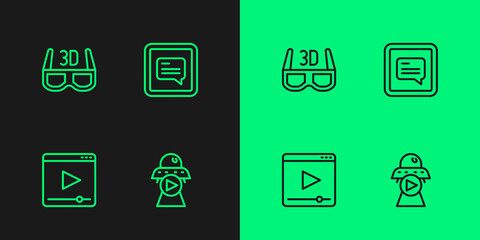 Set line Science fiction, Online play video, 3D cinema glasses and Video with subtitles icon. Vector