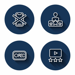 Set line No cell phone, Actor star, Record button and Rating movie with long shadow. Blue circle button. Vector