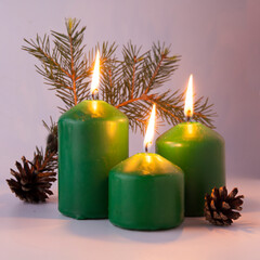 Festive burning green candles with fir branches