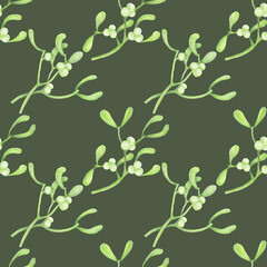 Watercolor seamless mistletoe pattern isolated on green background.Use for fabrics,textile,clothes.