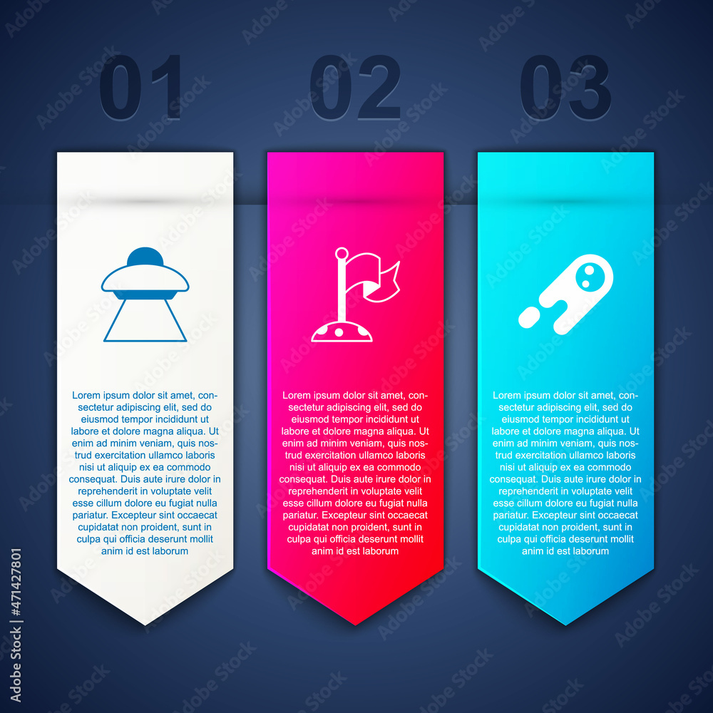 Poster set ufo flying spaceship, moon with flag and comet falling down fast. business infographic template.