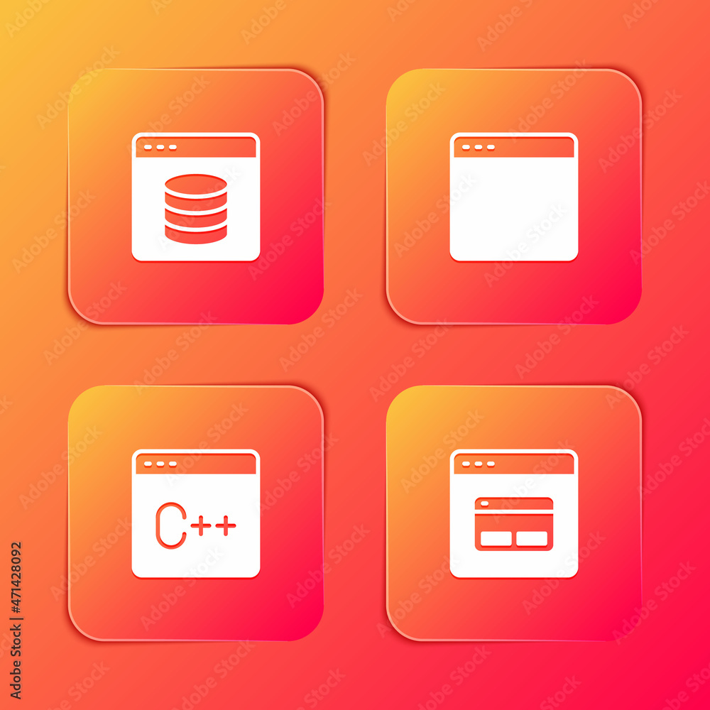 Poster set server, data, web hosting, browser window, software and search engine icon. vector