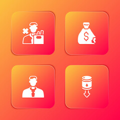 Set Employee dismissal, Money bag, Worker and Drop in crude oil price icon. Vector