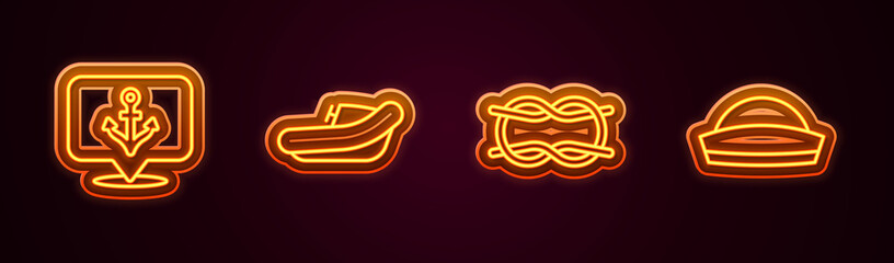 Set line Anchor, Inflatable boat with motor, Nautical rope knots and Sailor hat. Glowing neon icon. Vector