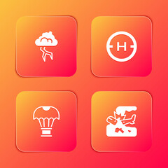 Set Storm, Helicopter landing pad, Box flying on parachute and Plane crash icon. Vector