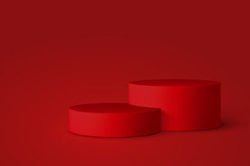 3d podium scene in red color. Mockup for product presentation with copy space. Winner pedestal in studio, minimal background. Chinese New Year. Vector.