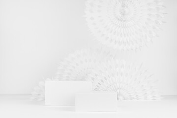 Bright soft light white abstract stage with two rectangle stands mockup with circle ribbed carved...