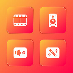 Set Play video, Stereo speaker, Speaker volume and Photo retouching icon. Vector