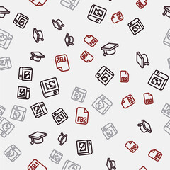 Set line Book about geometry, Graduation cap, Law book and FB2 File on seamless pattern. Vector
