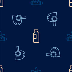 Set line Water drop, Drop and magnifying glass and Bottle of water on seamless pattern. Vector