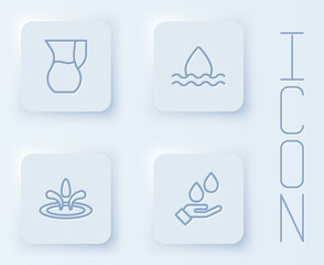 Set line Jug glass with water, Water drop, and Washing hands soap. White square button. Vector