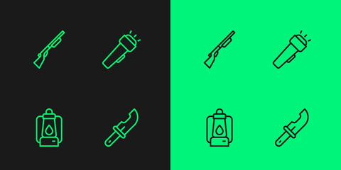 Set line Hunter knife, Camping lantern, Hunting gun and Flashlight icon. Vector