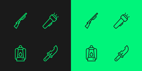 Set line Hunter knife, Camping lantern, Hunting gun and Flashlight icon. Vector