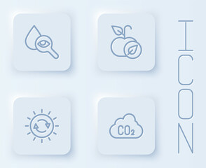 Set line Drop and magnifying glass, Apple, Solar energy panel and CO2 emissions cloud. White square button. Vector