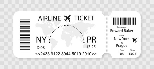 Airline ticket. Coupon for flight fly travel. Paper plane design. Realistic invitation card. Travel Layout template. Vector illustration isolated. 