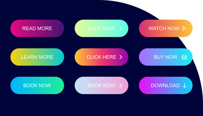 Action buttons. Modern colorful gradient button on dark background. Set of Ui user interface for web design. Vector illustration isolated.
