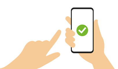 Hand holding mobile phone with check mark. Tick, ok, done sign on the screen smartphone. Vector Illustration isolated.