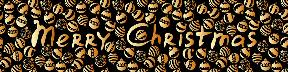 Vector Merry Christmas lettering in frame of scattered golden tree balls in flat style on black background. Holiday banner, decoration