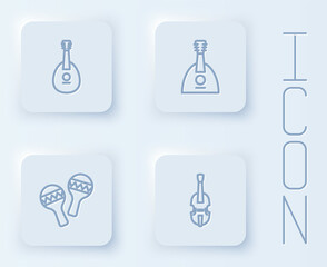 Set line Mandolin, Balalaika, Maracas and Violin. White square button. Vector