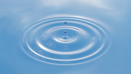 Concept or conceptual blue liquid drop falling in water on background with ripples and waves. 3d illustration metaphor for nature, natural, summer, spa, cool, business, environment, rain or health