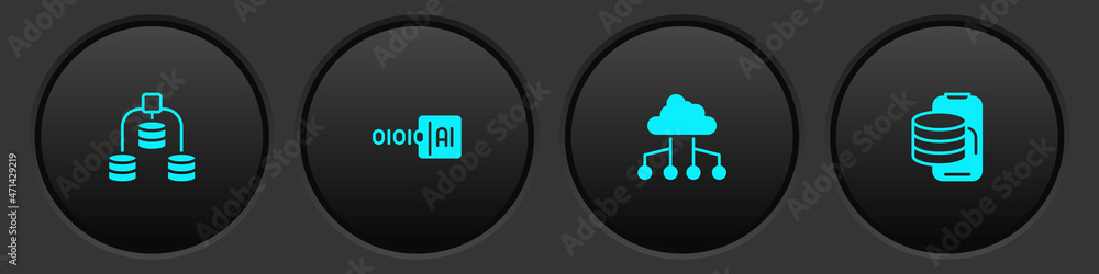 Poster set server, data, binary code, network cloud connection and cloud technology data transfer icon. vec