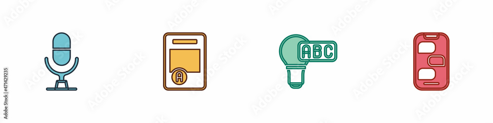 Poster set microphone voice device, exam sheet with a plus grade, creative lamp light idea and new chat mes