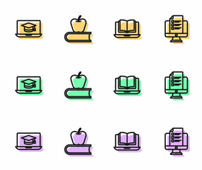 Set line Online class, Graduation cap on laptop, Book with apple and quiz, test, survey icon. Vector