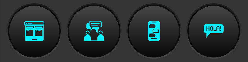 Set Online translator, Two sitting men talking, New chat messages notification and Hola different languages icon. Vector © vector_v