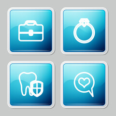 Set line Toolbox, Diamond engagement ring, Dental protection and Heart speech bubble icon. Vector