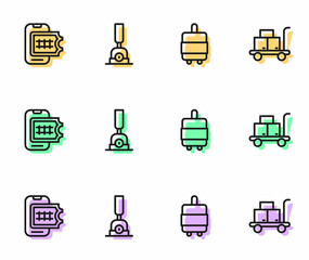 Set line Suitcase, Online ticket booking, Arrow for switching the railway and Trolley suitcase icon. Vector