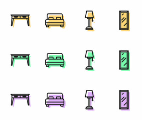 Set line Floor lamp, Office desk, Big bed and full length mirror icon. Vector