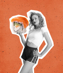 Contemporary art collage of young beautiful girl holding big and delicious sushi isolated over orange background. Japanese food degustation